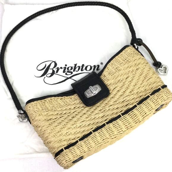 Brighton Cottagecore Cream Woven Straw Black Leather Braided Handle Baguette - Picture 2 of 16